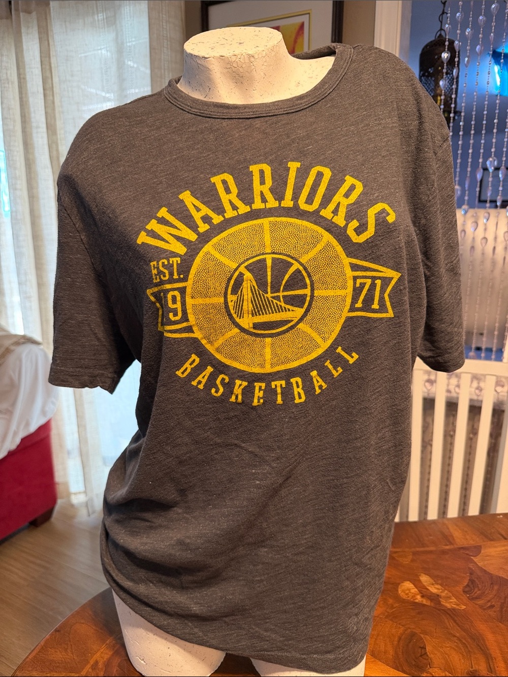 NBA Gray Short Sleeve Tee with Yellow Warriors Basketball Graphic